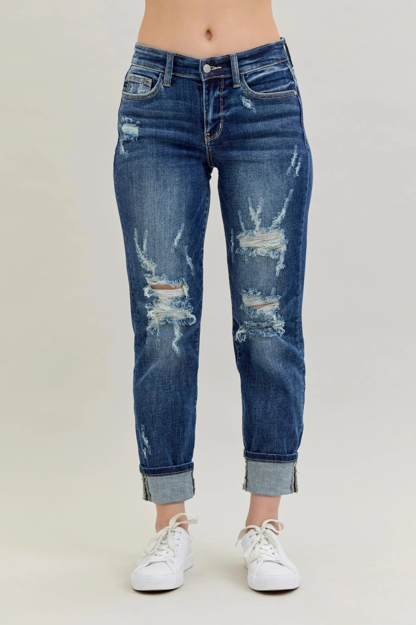 CLDSZN Distressed Boyfriend Jeans – Mid Rise Cuffed Fit Denim - CLDSZN