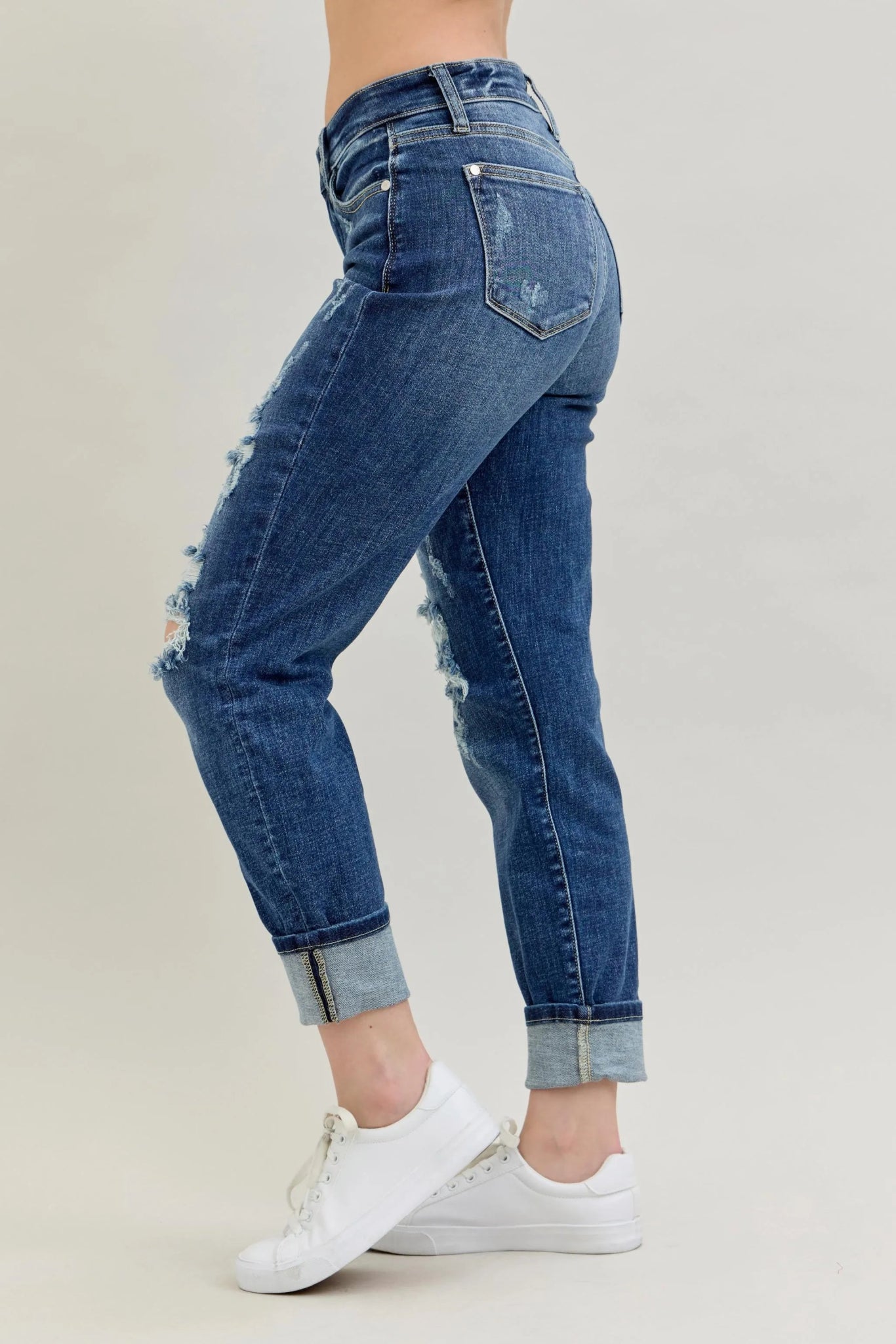 CLDSZN Distressed Boyfriend Jeans – Mid Rise Cuffed Fit Denim - CLDSZN