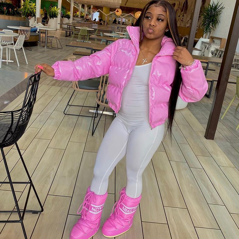 CLDSZN Faux PU Leather Y2K Puffer Jacket – Women’s Slim Fit Bubble Coat, Winter Warm Zipper Outerwear, 2000s Streetwear Parka - CLDSZN
