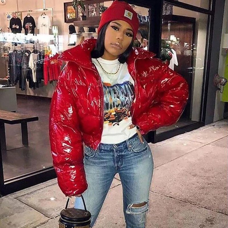 CLDSZN Faux PU Leather Y2K Puffer Jacket – Women’s Slim Fit Bubble Coat, Winter Warm Zipper Outerwear, 2000s Streetwear Parka - CLDSZN