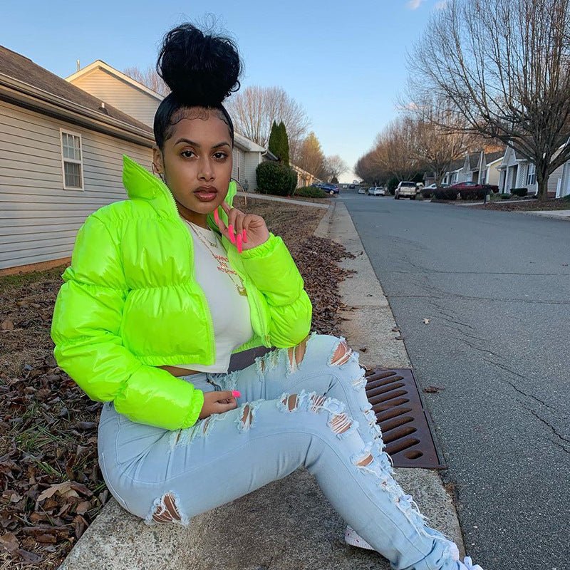 CLDSZN Faux PU Leather Y2K Puffer Jacket – Women’s Slim Fit Bubble Coat, Winter Warm Zipper Outerwear, 2000s Streetwear Parka - CLDSZN