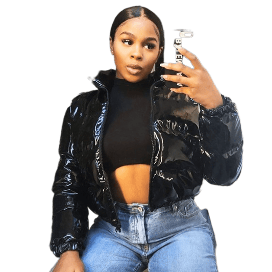 CLDSZN Faux PU Leather Y2K Puffer Jacket – Women’s Slim Fit Bubble Coat, Winter Warm Zipper Outerwear, 2000s Streetwear Parka - CLDSZN